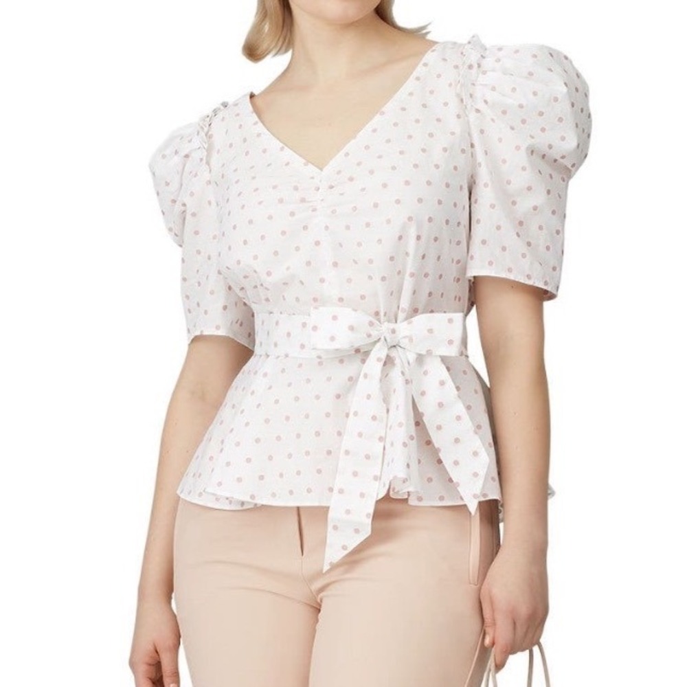 Kate Spade New‎ York Dot Cotton Drape Blouse Pink White Puff Sleeve Top Size 2